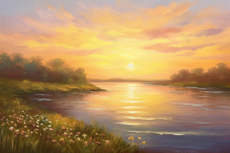 春天花丛平原绿色草地河流黄昏日落唯美油画,插画/手绘图,插画/手绘图库,插画/手绘图下载,插画/手绘